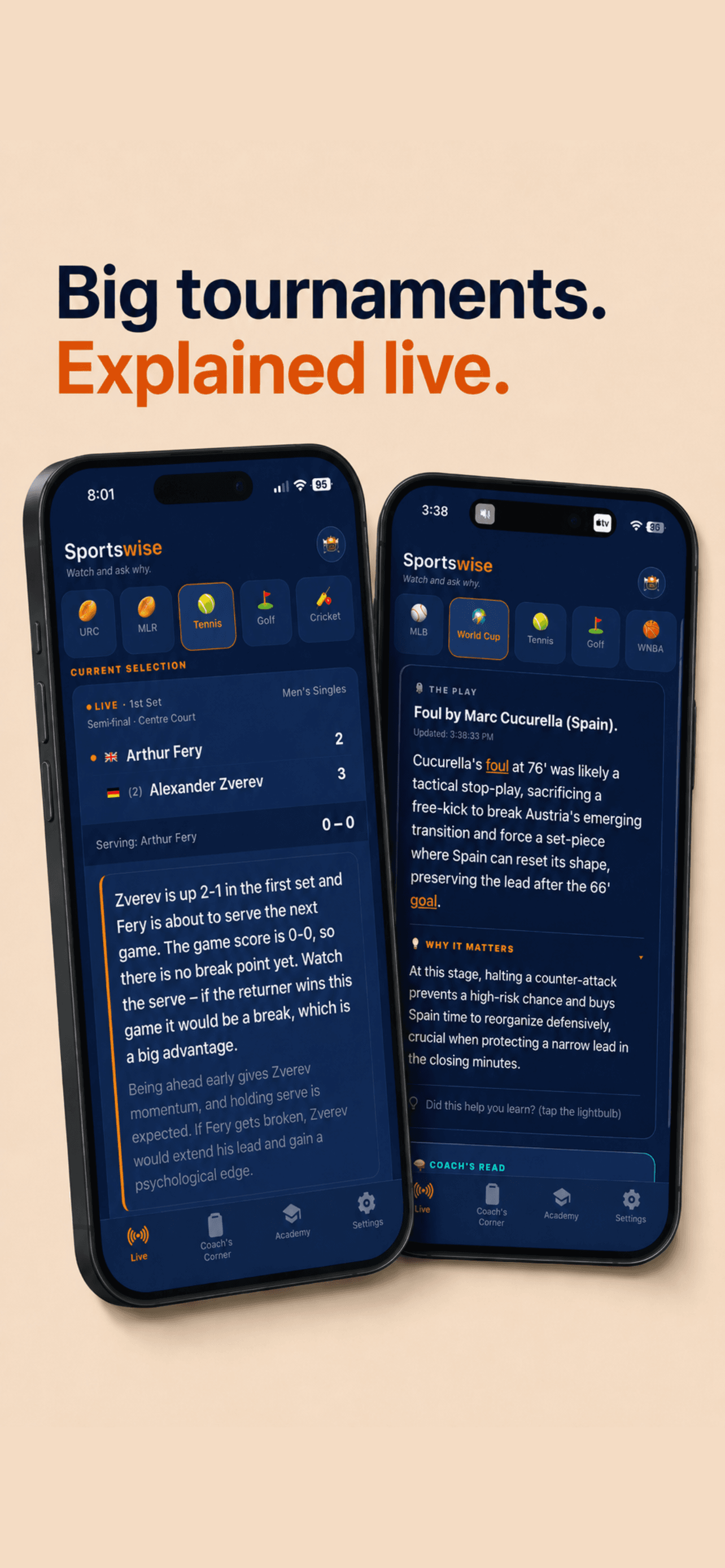 The SportsWise iOS app on two iPhones: a live tennis match explained set by set, and a World Cup foul explained with why it matters.