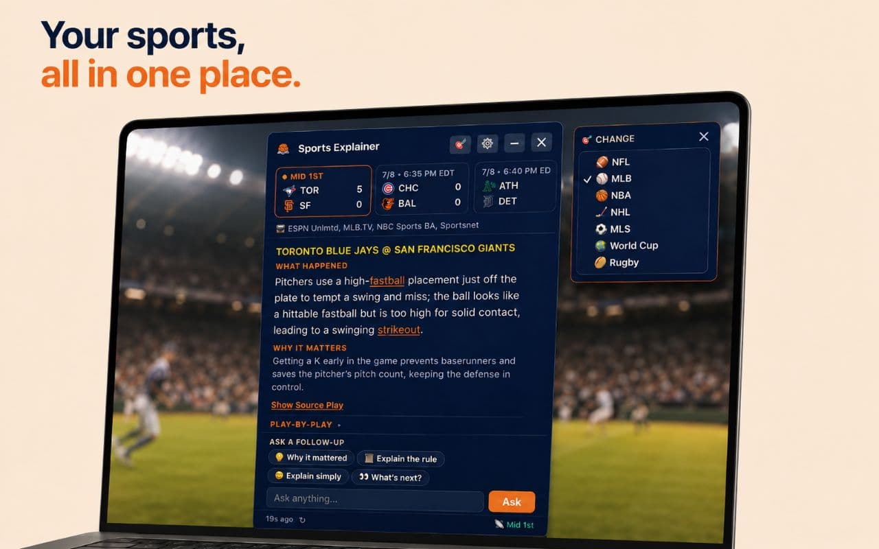 The SportsWise overlay on a live Blue Jays–Giants broadcast, explaining a high fastball that produced a swinging strikeout, with a why-it-matters note and an ask-a-follow-up box.
